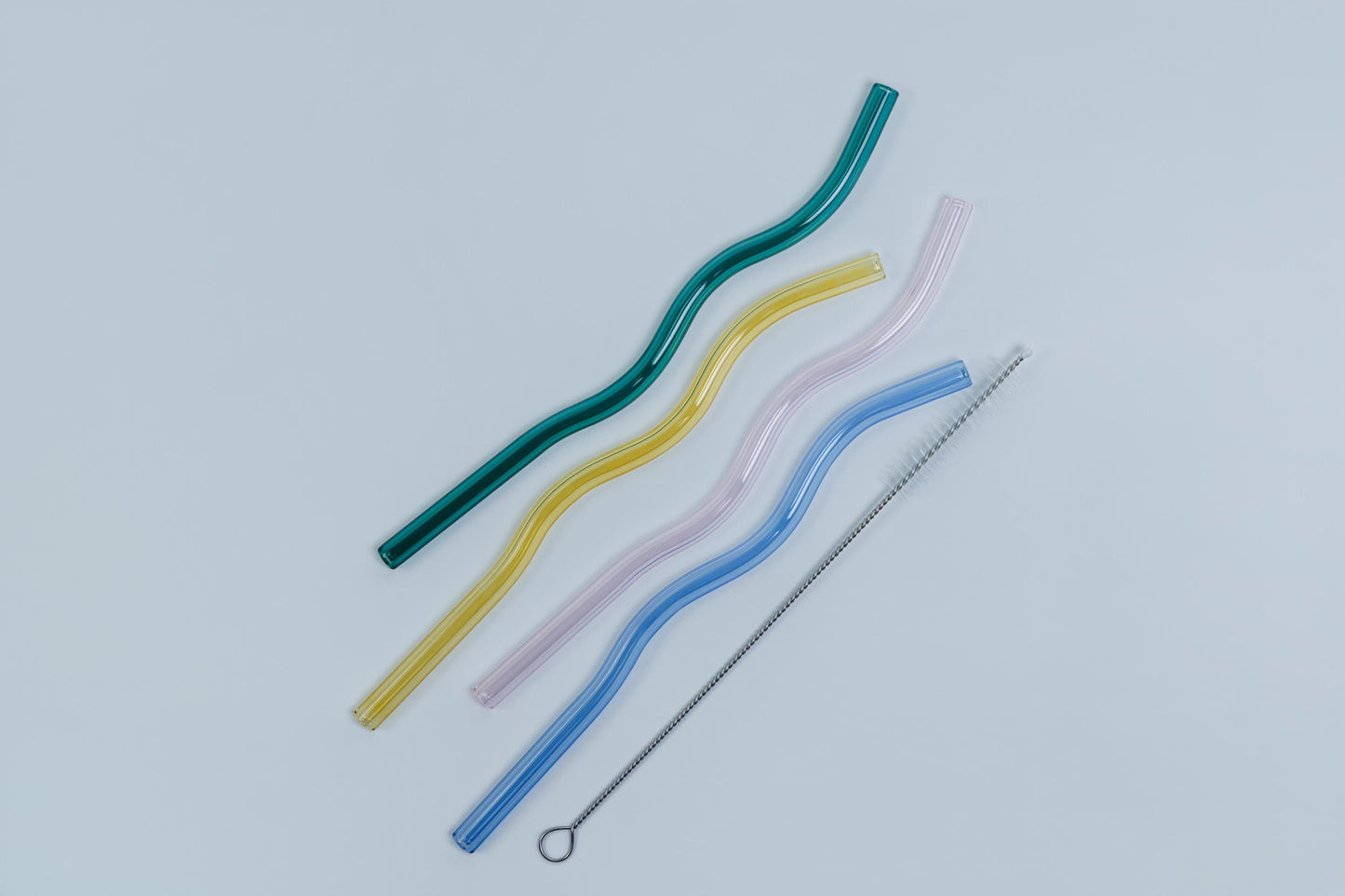 Wavy Glass Straws- Set 4 Reusable Straws + Cleaning Brush Eco-Friendly