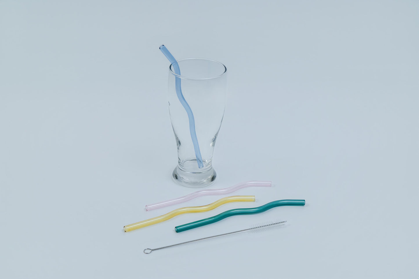 Wavy Glass Straws- Set  4 Reusable Straws + Cleaning Brush Eco-Friendly