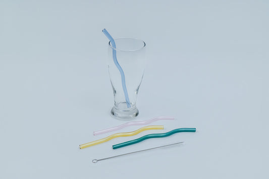 Wavy Glass Straws- Set  4 Reusable Straws + Cleaning Brush Eco-Friendly