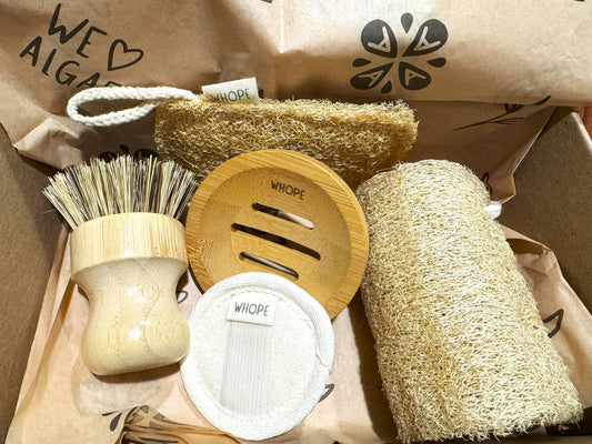 Zero Waste Kitchen & Body Set: Bamboo Soap Dish, Loofah Sponges - Eco-Friendly Gift